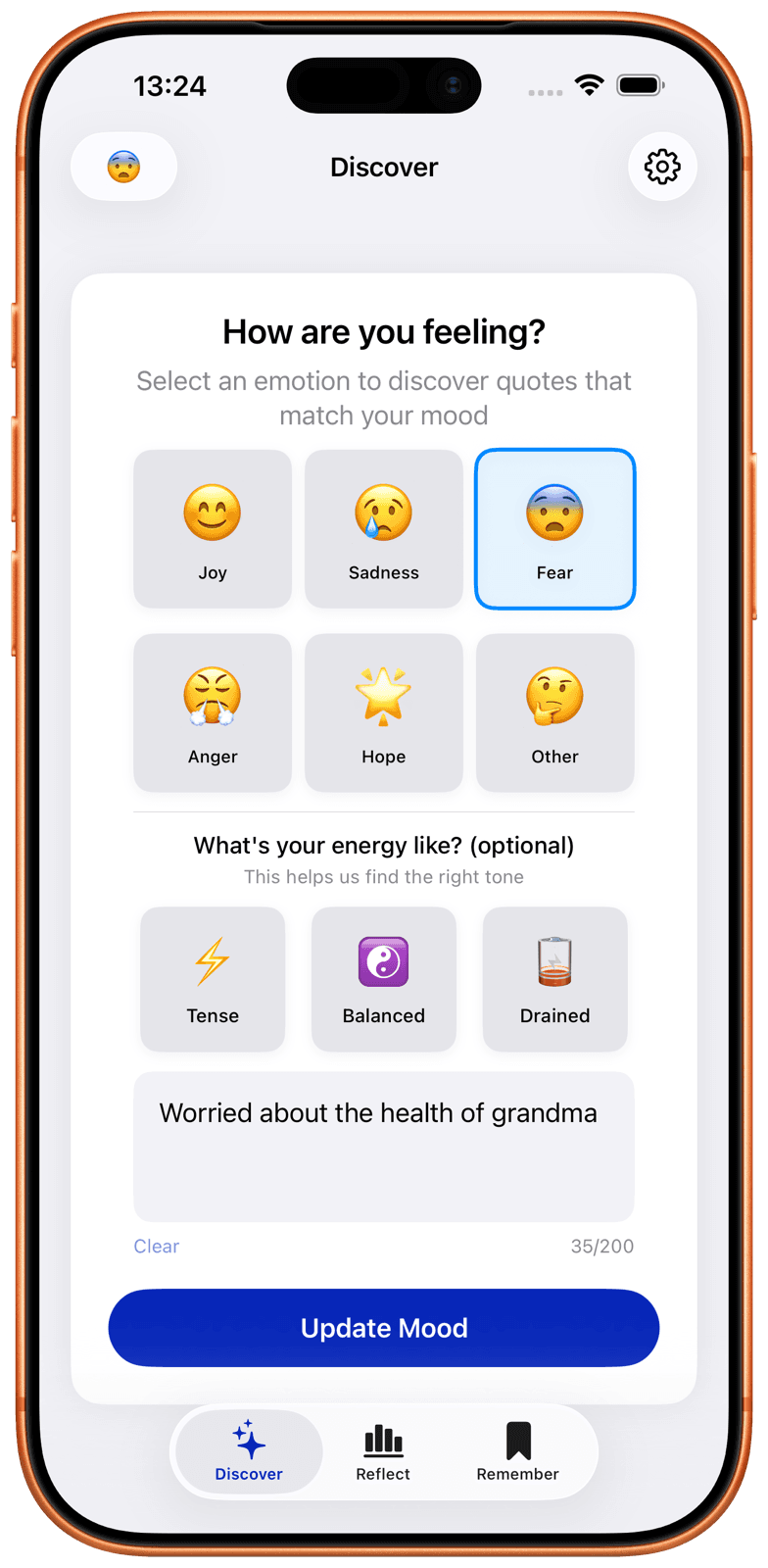 Inspired check-in screen asking how you are feeling