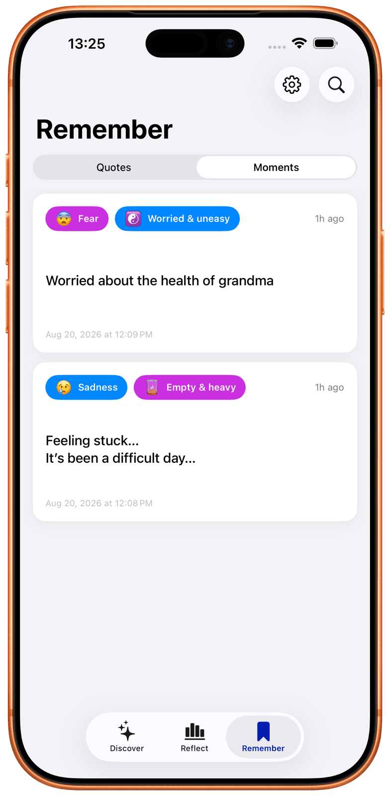 Inspired Moments screen keeping tiny journal memories tagged with emotions